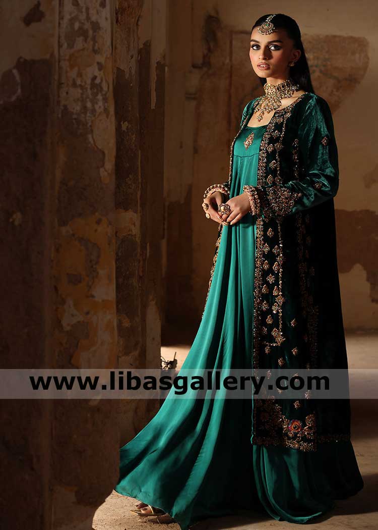 Bottle Green Long embellished Jacket Silk Gown